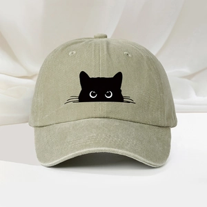 Casquette de baseball rétro en coton délavé avec motif chat et sangle réglable