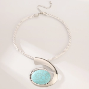 Bohemian silver necklace with large light blue turquoise marble pendant and white woven cord
