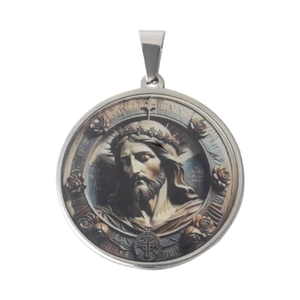 Vintage stainless steel round pendant featuring a Jesus portrait on a silver chain