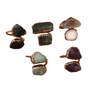 Vintage bronze adjustable double-stone rings with raw amethyst and natural crystals