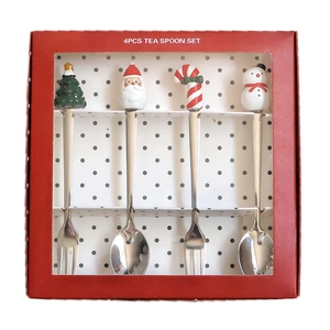 Set de 4 cuillères à café et fourchettes à fruits de Noël en acier 304 avec boîte cadeau