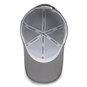 Internal structure of grey baseball cap showing reinforced seams and metal adjustment buckle