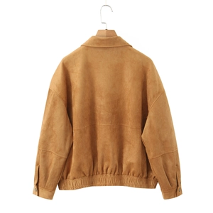 Detail of tan faux suede jacket back showing drop shoulder seams and elasticated hem