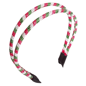 Double-layered Christmas headband with red, green and white rhinestones on a white background