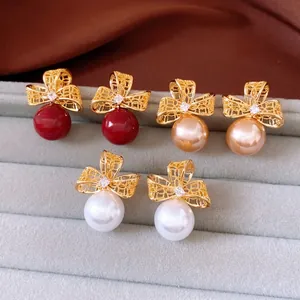 Boucles Oreilles Pendantes Nœud Creux Plaqué Or 18K Avec Imitation Künstliche Perle Zircon Tige En Argent Rétro Français Femmes