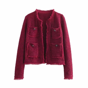 Women Vintage Dark Red Tweed Jacket Round Neck Long Sleeve Fringe Trim Coat Four Pockets Retro Metal Button Short Outwear