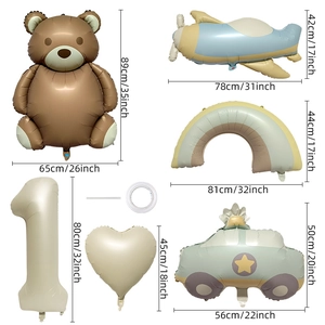 Morandi cream birthday balloon set with 32 inch number 1 bear plane and rainbow