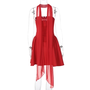 Red tube dress set featuring a back zipper detail and a matching long sheer scarf