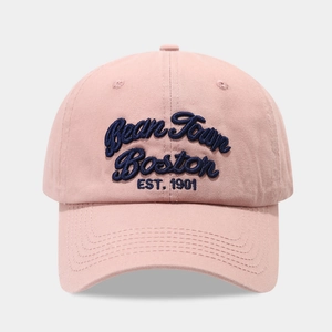 Detail of light pink baseball cap with blue Bean Town Boston 1901 3D embroidery