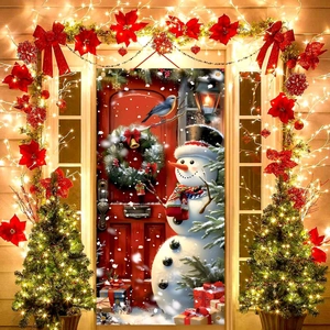 Christmas Snowman Wreath Door Banner Polyester Outdoor Indoor Holiday Entryway Hanging Decoration Vertical Flag