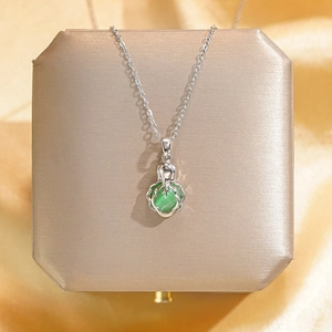 Collier Pendentif Chou Pierre Oeil De Chat Vert Acier Titane Plaqué Bijoux De Style Chinois Pour Femmes