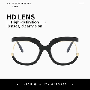 Detail showing Y2K owl style glasses with black frame, gold rings, and HD clear lenses