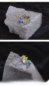 Close-up of S925 sterling silver colorful enamel rabbit heads and 925 stamp on the ring
