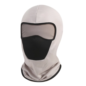 Close-up of the breathable black mesh fabric on the gray balaclava for cycling