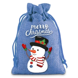 Close-up of blue linen Christmas drawstring bag with snowman and Merry Christmas print