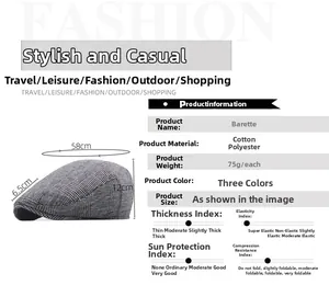 Size chart showing 58cm head circumference for plaid newsboy flat cap in cotton polyester