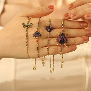Adjustable gold copper bracelet with colorful zircon bee and beetle charms for women