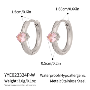 Detail view of silver hoop earrings with pink round zircon inlay and size dimensions