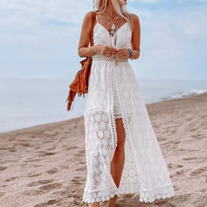 Bohemian Lace Hollow Out V-Neck Cami Jumpsuit For Women Sexy White Backless Summer Beach Vacation One-Piece Top And Bottom