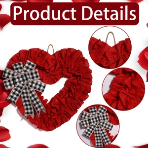 Detail view of red burlap heart wreath with checkered bow and rustic hanging rope