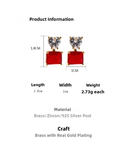 Detail shot of heart and square red zircon earrings with 1.8cm length specifications