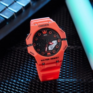 Detail of OHSEN dual-display sports watch in bright orange with 5BAR water resistance