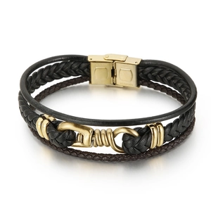 Multi-layer braided leather bracelet with stainless steel clasp and gold accents