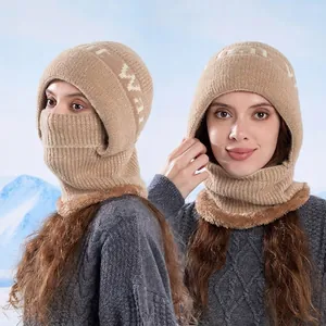 Winter knitted hood hat with thick fleece lining and neck warmer in khaki finish