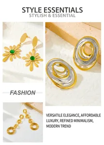 Detailed close-up of gold-plated petal earrings and layered circular tassel jewelry