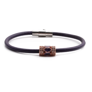 Purple leather bracelet with rose gold beads and magnetic clasp for men and women