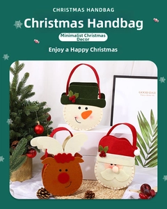 Detailed view of handmade Christmas felt tote bags with reindeer and snowman cartoon designs