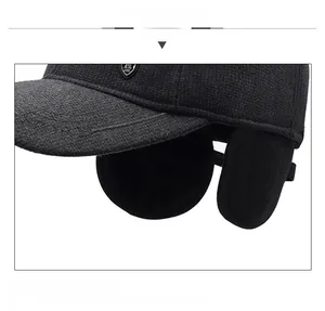 Detail display of winter baseball cap featuring warm ear flaps and thick knit fabric