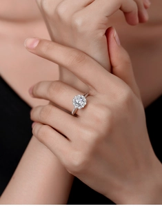 Close-up of elegant S925 sterling silver moissanite ring worn on a finger