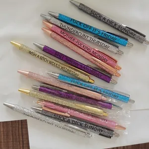 7-piece set of funny glitter ballpoint pens with humorous daily quotes and metal accents