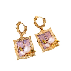 Vintage Monet garden earrings with gold frame, purple enamel petals and white pearls