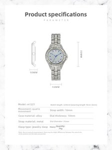 Detailed size specifications for women's crystal watch including 35mm dial and 10mm thickness