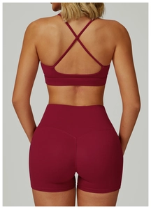 Detail of burgundy cross-back sports bra and high-waisted shorts set on female model