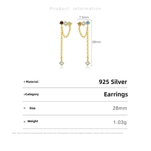 Detail of S925 silver earrings with colorful zircon and tassels, size 28mm by 7.5mm