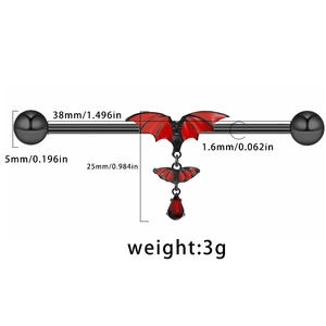 Industrial barbell with red bat and droplet stone, detailed 38mm length dimensions