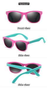 Close-up of pink and green TR silicone kids polarized sunglasses with grey lenses