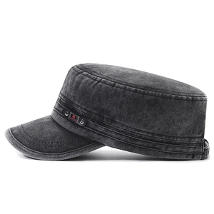 Vintage washed black cotton flat top military cap with metal rivet leather patch