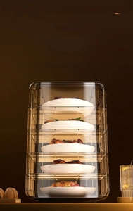 Detail of 5-tier transparent food storage cover showing stackable design and PET material