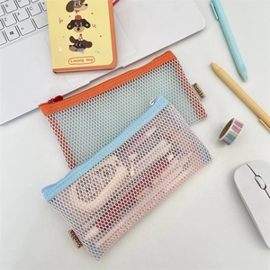 Large capacity mesh pen bag with contrast colors for school stationery and makeup