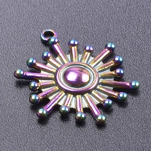 Macro shot of iridescent rainbow stainless steel sun pendant with radiating sunbeam design