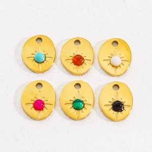 Set of six gold stainless steel starburst pendants with colorful oval natural stones