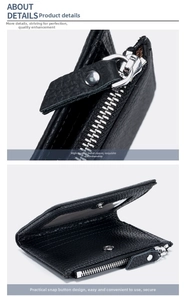 Detalle de billetera delgada de cuero negro con cremallera plateada y ranuras para RFID