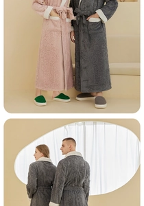 Detail of floral embossed thick flannel robe with contrast piping and large side pockets