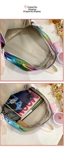 Internal storage view of colorful laser PU backpack showing large capacity for daily items