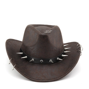 Deep brown faux leather western cowboy hat with silver studs and metal ring details