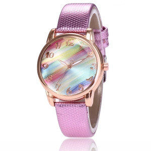 Fashion women quartz watch with pink snake leather strap and colorful rainbow dial face